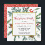 Convites Festa de Natal Botânica Elegante Rustic Winter<br><div class="desc">Este modelo de Y quadrado apresenta uma estrutura dourada decorada com galhos de pínus,  bagas vermelhas e cones de pínus. Muito espaço branco lhe dá um sentimento aberto e elegante.</div>