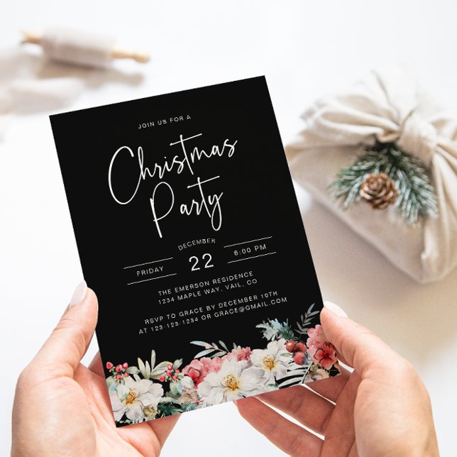 Convites Festa de Natal Botânica Preta (Elegant Black Christmas Party Holiday Invitation Watercolor Berries Botanical Florals)