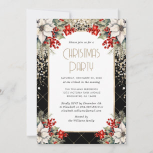 Convites Festa de Natal Botânica Preta e Dourada Elegante