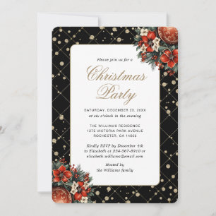 Convites Festa de Natal Botânica Preta e Dourada Elegante