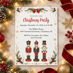 Convites Festa de Natal Botânica Quebra-Nozes Dourado Verme