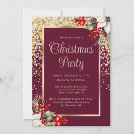 Convites Festa de Natal Botânica Vermelha e Dourada Elegant
