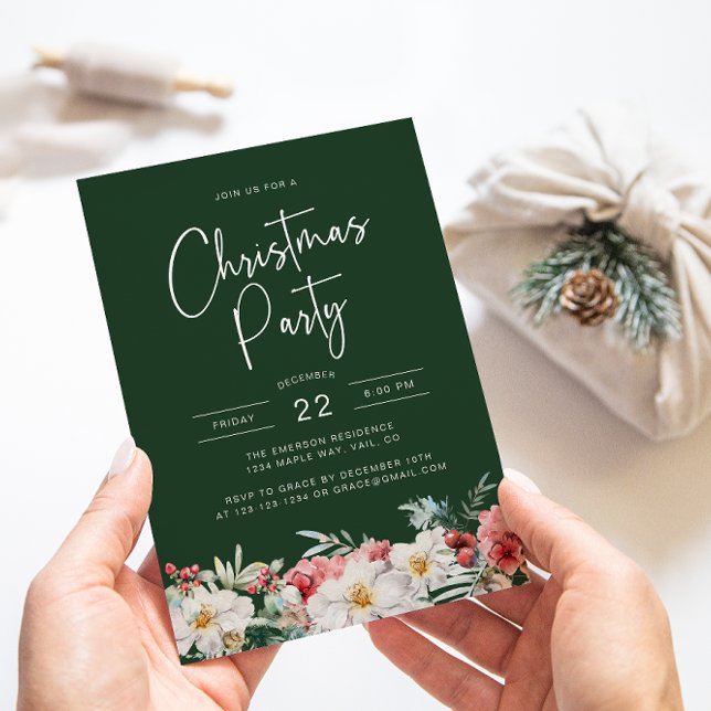 Convites Festa de Natal Botânico Verde (Elegant Green Christmas Party Holiday Invitation Watercolor Berries Botanical Florals)