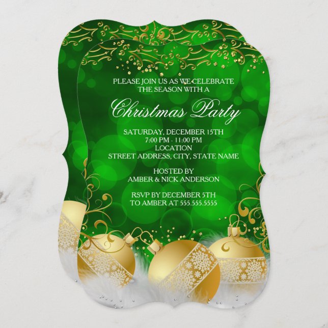 Convites Festa de Natal Branco, Dourada Verde, (Frente/Verso)