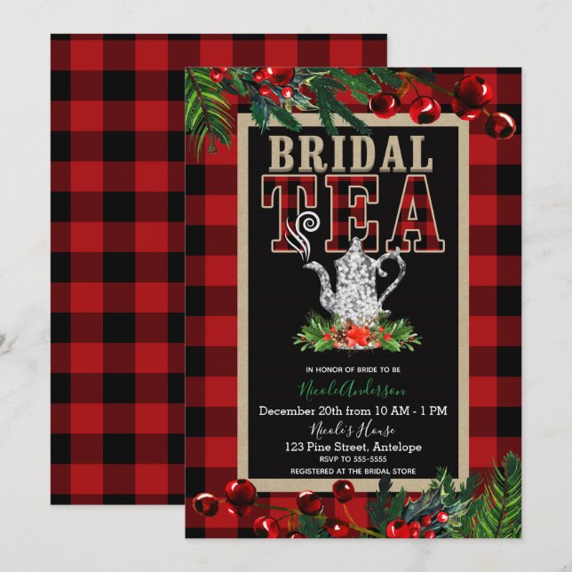 Convites Festa de Natal Bridal Tea Red Black Buffalo Xadrez (Frente/Verso)