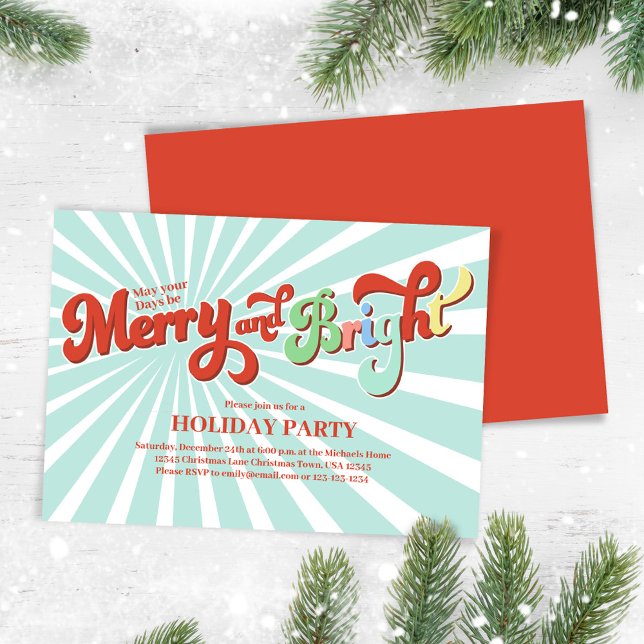 Convites Festa de Natal brilhante e Feliz (Merry and Bright retro typography script Christmas party invitation. )