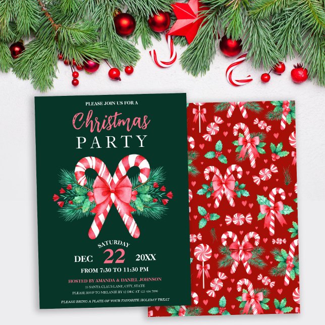 Convites Festa de Natal Candy Candy Candy Candy Peppermint  (Watercolor Peppermint Candy Cane Christmas Party Invitation)