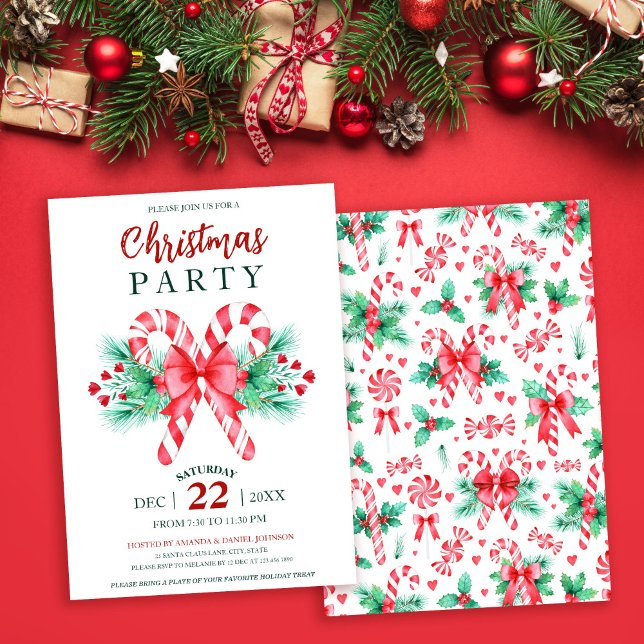 Convites Festa de Natal Candy Candy Candy Candy Peppermint  (Watercolor Peppermint Candy Cane Christmas Party Invitation)