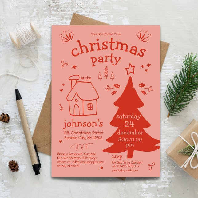 Convites Festa de Natal Caprichosa com Árvore e Chalé (Whimsical Christmas Party with Tree and Cottage Invitation)