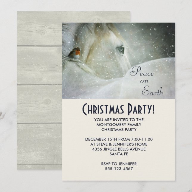 Convites Festa de Natal Cavalo Branco e Pássaro no Inverno (Frente/Verso)
