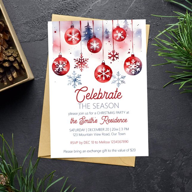 Convites Festa de Natal celebra a temporada (Christmas party celebrate the season template invitation instant download watercolor red baubles fir)