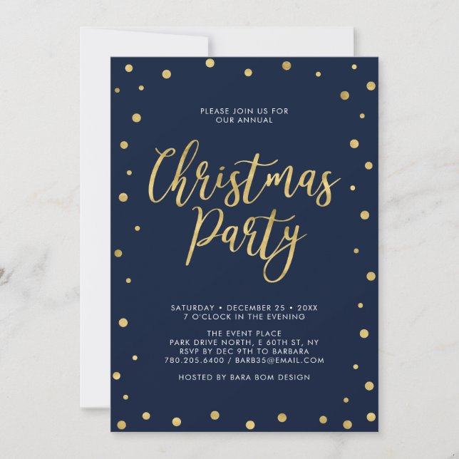 Convites Festa de Natal Chic em Dourado e Azul Marinho com  (Frente)