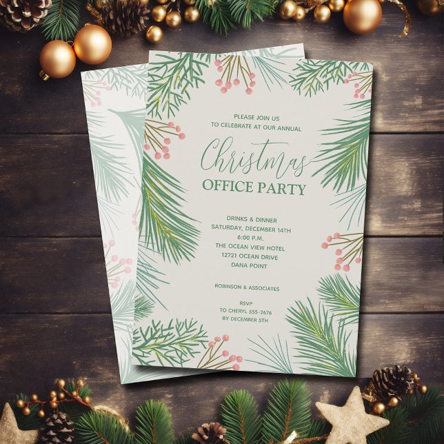 Convites Festa de Natal Chic Pines e Berries (Chic pine branches and berries Christmas party invitations)