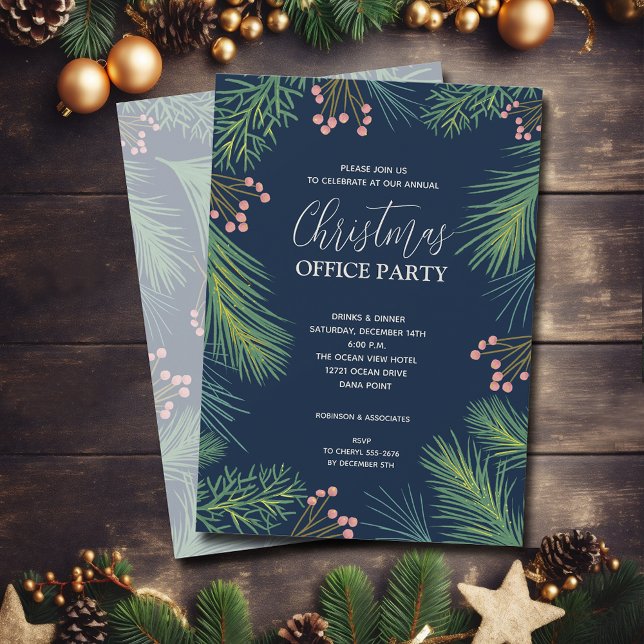 Convites Festa de Natal Chic Pines e Berries (Chic pine branches and berries Christmas party invitations)