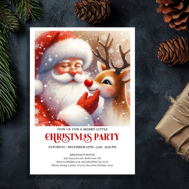 Convites Festa de Natal Clássica de Papai Noel e Rudolph  (Classic Santa and Rudolph Festive Christmas Party Invitation

)
