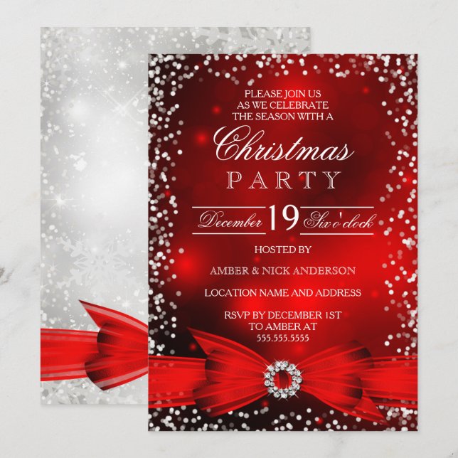 Convites Festa de Natal com Arco Vermelho Branco e Neve Cai (Frente/Verso)