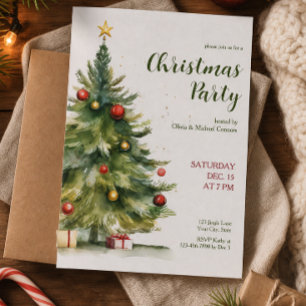 Convites Festa de Natal com Árvore de Natal em Aquarela