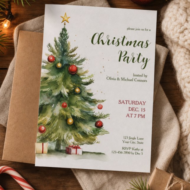 Convites Festa de Natal com Árvore de Natal em Aquarela (Criador carregado)