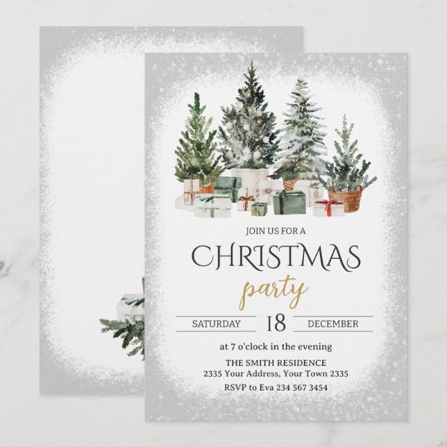 Convites Festa de Natal com Árvore de Natal em Aquarela Ele (Frente/Verso)