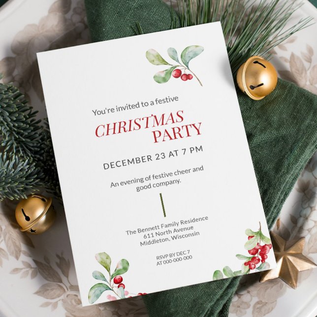 Convites Festa de Natal com Azevinho em Aquarela Minimalist (Criador carregado)