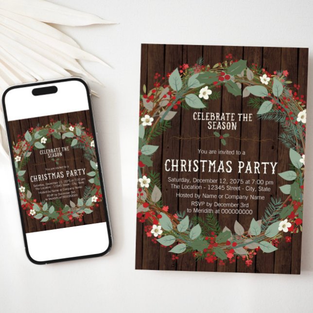 Convites Festa de Natal com Azevinho Rústico (Rustic Christmas party invitation with wreath on wood. Available for instant download and print.)