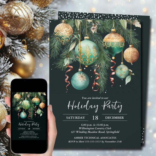 Convites Festa de Natal com Bolas Douradas na Árvore de Nat (Gold and Green Baubles Christmas Tree Party Invitations - INSTANT DOWNLOAD and/or PRINTED)