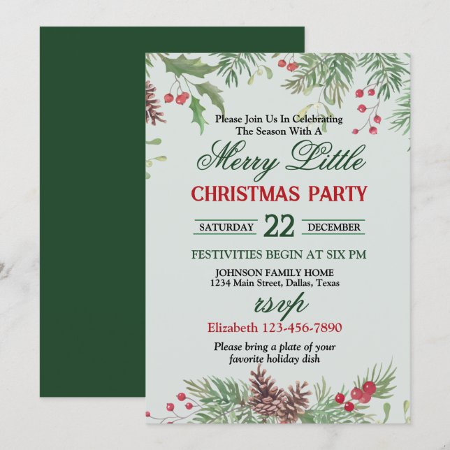 Convites Festa de Natal com Borda de Azevinho Festivo (Frente/Verso)