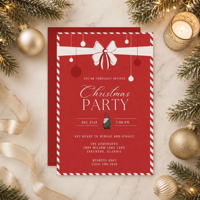 Convites Festa de Natal com Borda de Bastão de Doces Vermel (Red Candy Cane Border Christmas Party Invitation)