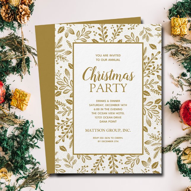 Convites Festa de Natal com Botânicos Elegantes em Dourado (Elegant gold (non-metallic) botanicals Christmas party invitations, PRINTED and/or INSTANT DOWNLOAD)