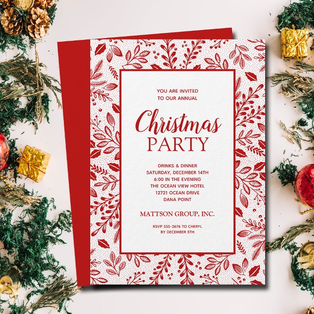 Convites Festa de Natal com Botânicos Vermelhos Elegantes (Elegant red botanicals Christmas party invitations, PRINTED and/or INSTANT DOWNLOAD)