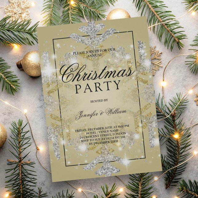 Convites Festa de Natal com Brilho Dourado e Prateado (Gold & Silver Glitter Xmas Holiday Party Invitation)