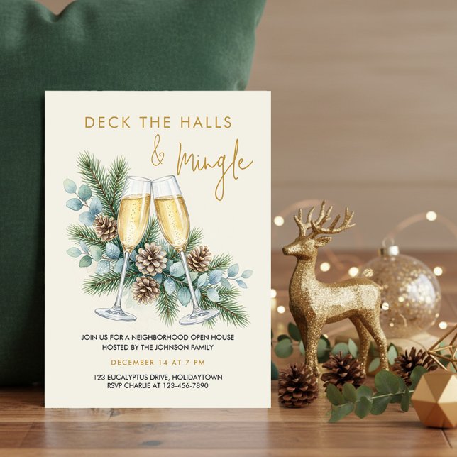 Convites Festa de Natal com Champanhe Deck the Halls (Holiday Party Invitation with champagne & greenery by Darling & May - printed or digital download)