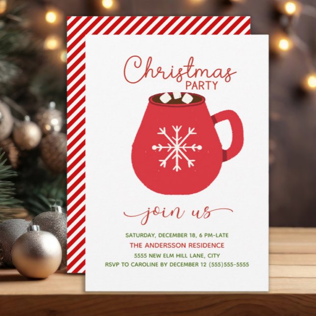 Convites Festa de Natal com Chocolate Quente Vermelho Branc (Red and white hot cocoa and candy stripes Christmas party invitation)