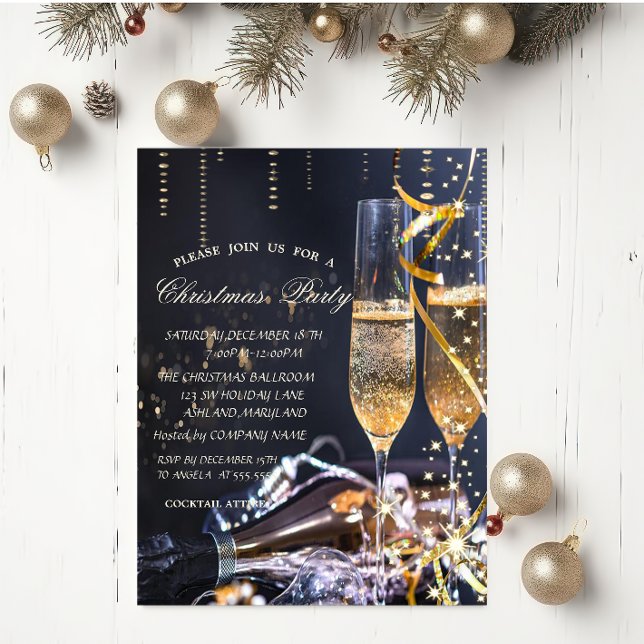 Convites Festa de Natal com Copo de Champanhe Elegante  (Criador carregado)