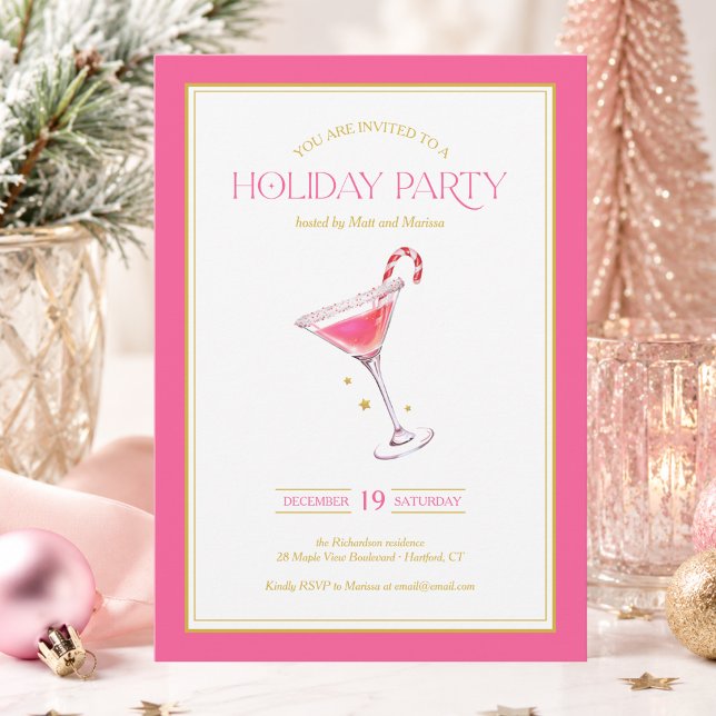 Convites Festa de Natal com Coquetel de Ouro Rosa (elegant chic stylish modern pink gold martini cocktail Christmas holiday party invitation)