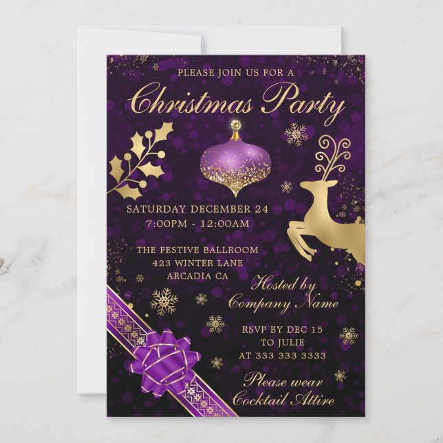 Convites Festa de Natal com Enfeite e Fita Roxo e Dourado (Frente)