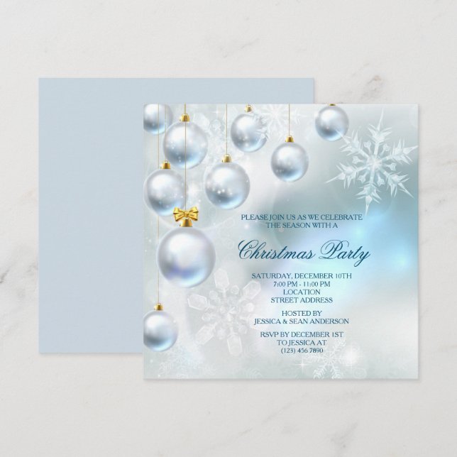 Convites Festa de Natal com Enfeites Prateados e Flocos de  (Frente/Verso)