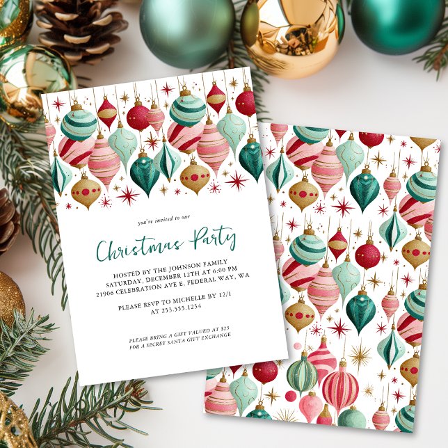Convites Festa de Natal com Enfeites Rosa e Turquesa Retrô (Retro Pink and Teal Ornaments Christmas Party Invitation)