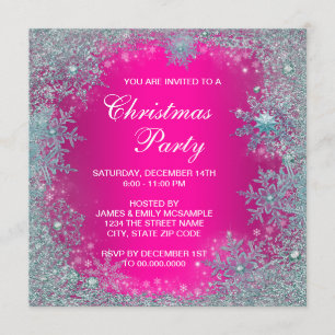 Convites Festa de Natal com Floco de Neve Azul Teal Rosa Vi