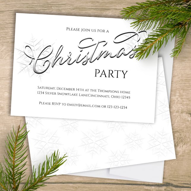 Convites Festa de Natal com Floco de Neve Prateado em Letra (Silver snowflake Christmas holiday calligraphy script invitation. )