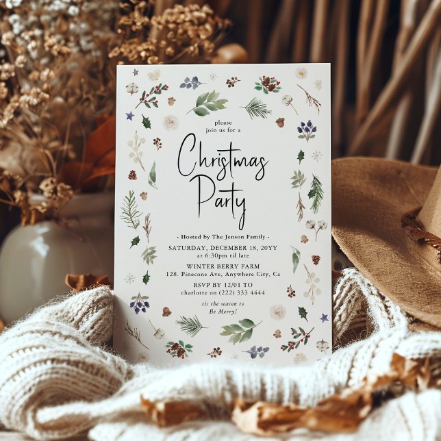 Convites Festa de Natal com Folhagem de Inverno em Aquarela (Criador carregado)