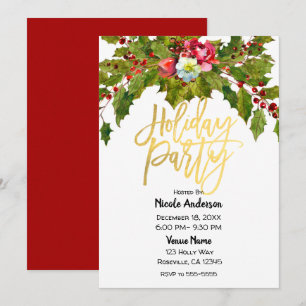 Convites Festa de Natal com Folhas de Azevinho em Script Do