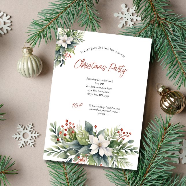 Convites Festa de Natal com Frutas Vermelhas da Poinsettia (Poinsettia Greenery Christmas Holiday Party Invitation Printed or Digital Instant Download)