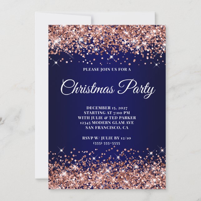 Convites Festa de Natal com Glitter em Rose Gold e Azul Mar (Frente)