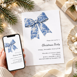 Convites Festa de Natal com laço azul branco toile francês