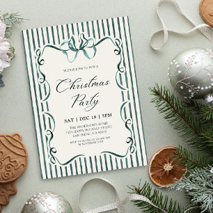 Convites Festa de Natal com Laço Verde e Listras em Aquarel