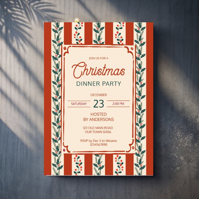 Convites Festa de Natal com listras retrô grandmilenial (Christmas retro red stripes grand millennial dinner party invitation cards template )