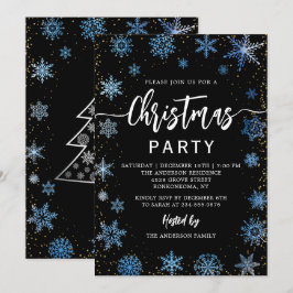 Convites Festa de Natal com Neve Azul Negro Moderno