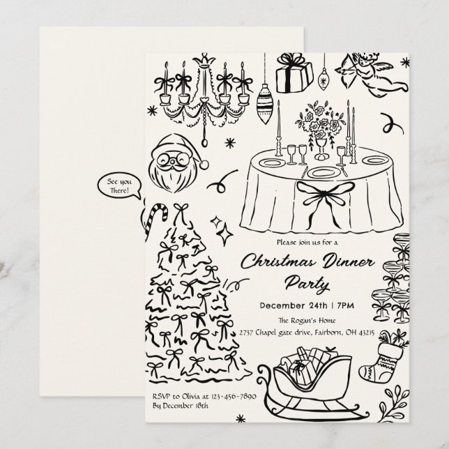 Convites Festa de Natal com Rabiscos Desenhados à Mão (Frente/Verso)