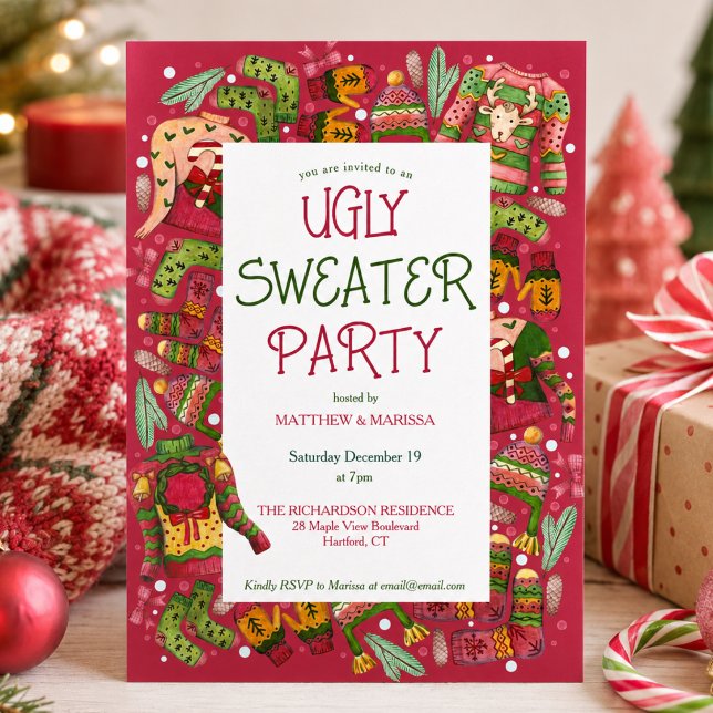 Convites Festa de Natal com Suéter Feio (cute whimsical fun colorful red green ugly sweater party invitation with custom name and details)